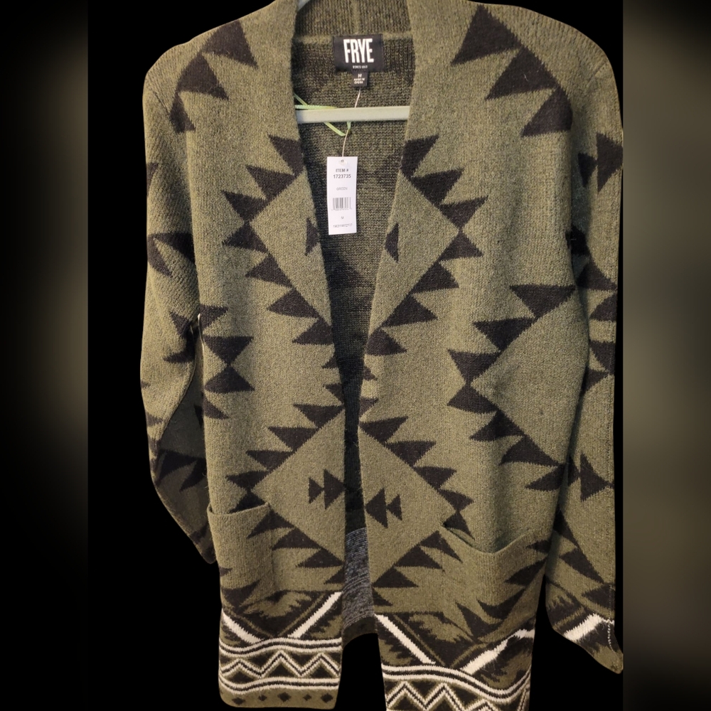 Frye Womens Green and Black Sweater Open Cardigan New